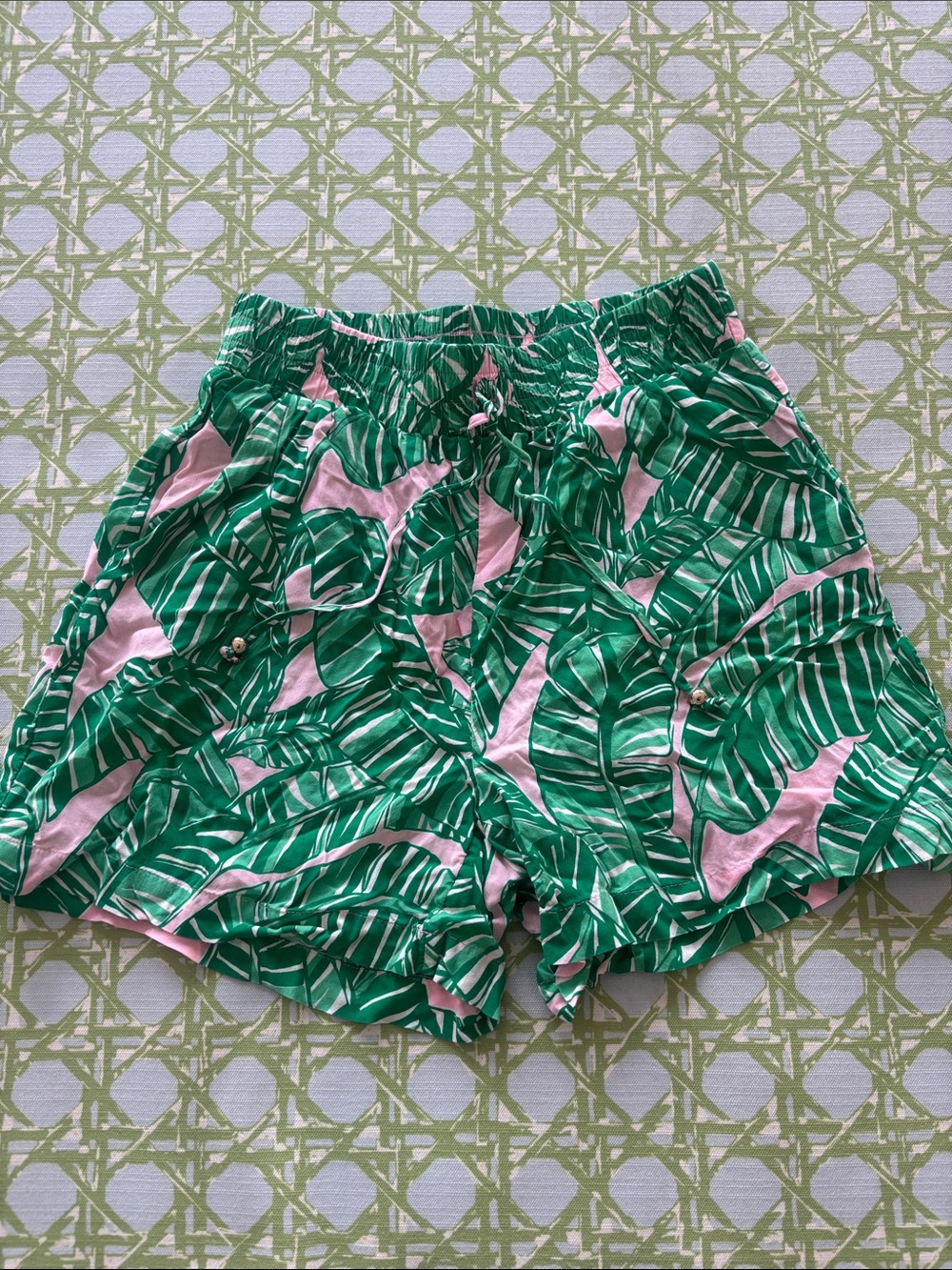 Lilly Pulitzer Green Leaf Print Shorts with Pink Accents